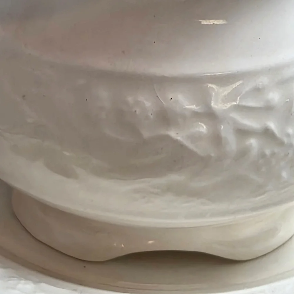 Vintage Cream Ceramic Embossed Floral Creamer and Saucer Set Scalloped Footed‎